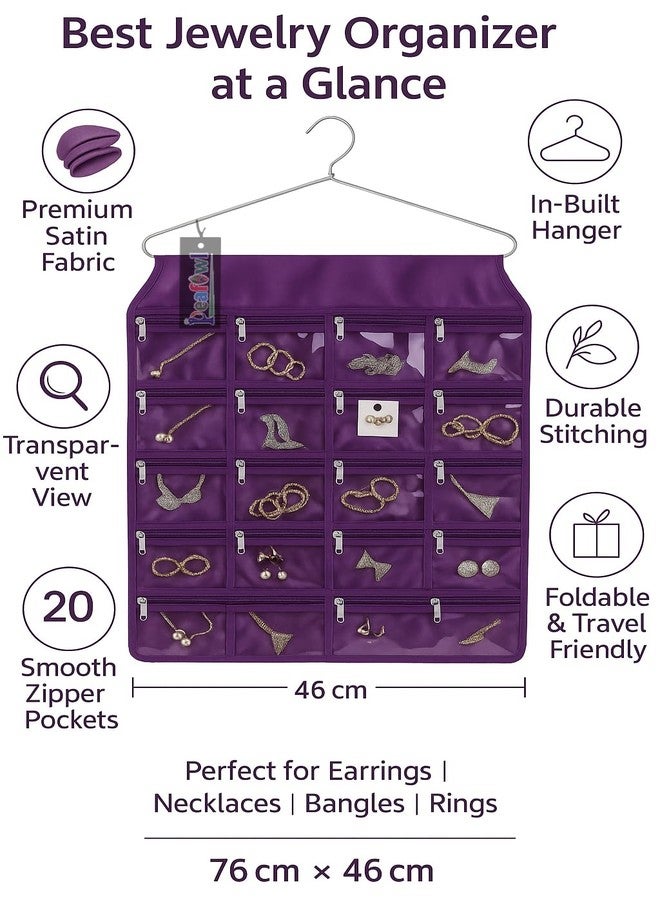 Peafowl 20 Pocket Hanging Wardrobe Organizer | Jewellery, Makeup & Daily Use Storage Bag (Multicolour, Pack of 1) (Purple) - Image 3